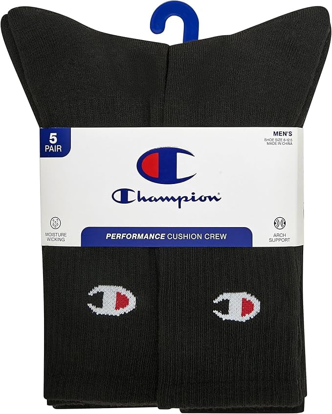 Champion Men's Performance Cushion Crew Socks Moisture-Wicking Athletic Gear (Black, 5-Pack) ivcp4