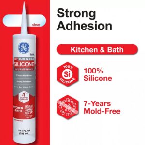 GE Silicone 1 Tub & Tile Sealant, Waterproof Adhesive for Kitchen and Bathroom (Clear, 10.1 fl oz) cwwsf