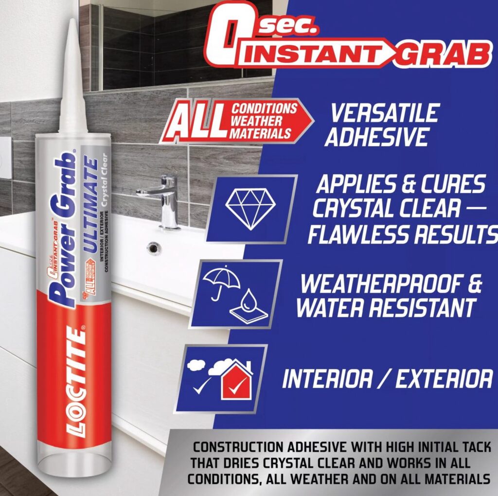 Loctite Power Grab Ultimate Construction Adhesive, Crystal Clear Finish, Heavy-Duty Bonding (Clear, 9 fl oz) mbk22