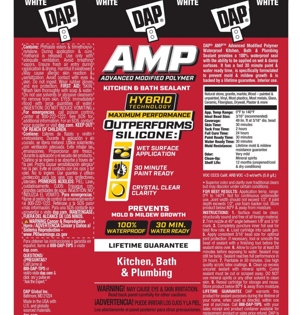 DAP AMP Kitchen and Bath Sealant (White, 9 oz) 8aapx