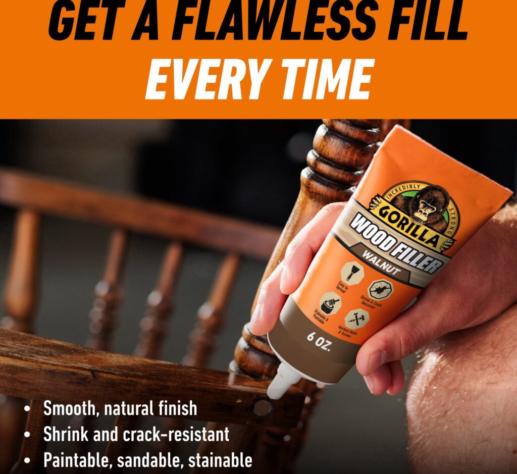 Gorilla All Purpose Wood Filler, Water Resistant Repair Compound for Indoor and Outdoor Use (Walnut, 6 oz) h2ies