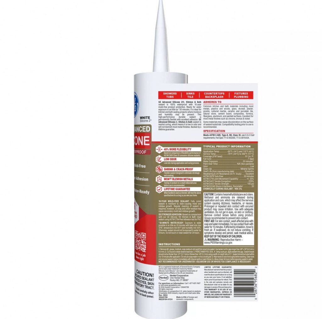 GE Advanced Silicone Kitchen & Bath Sealant (White, 10.1 fl oz) 4x5kg