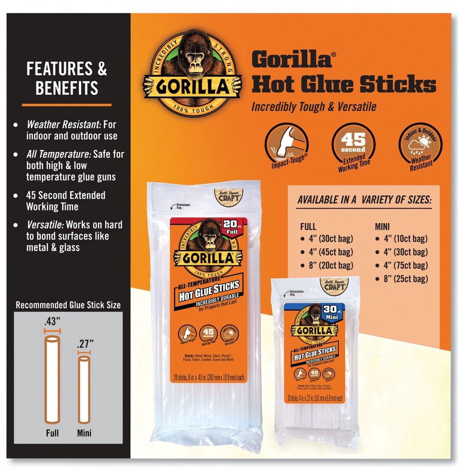 Gorilla Glue Dual Temp Mini Hot Glue Sticks, Impact Tough Adhesive for Crafts and Repairs (Clear, 4 in, 75 Count) z8kjm