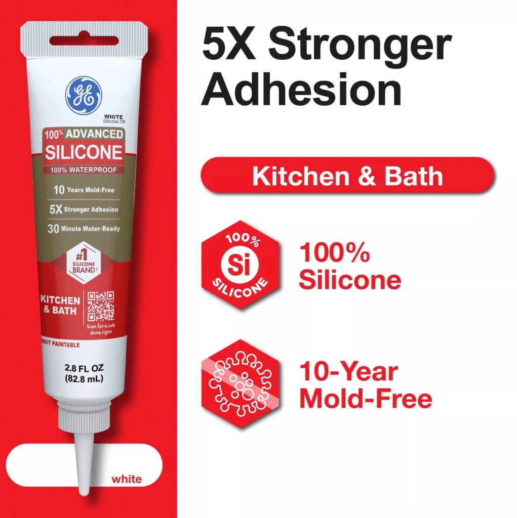GE Advanced Silicone Kitchen & Bath Sealant (White, 2.8 fl oz) btkt7