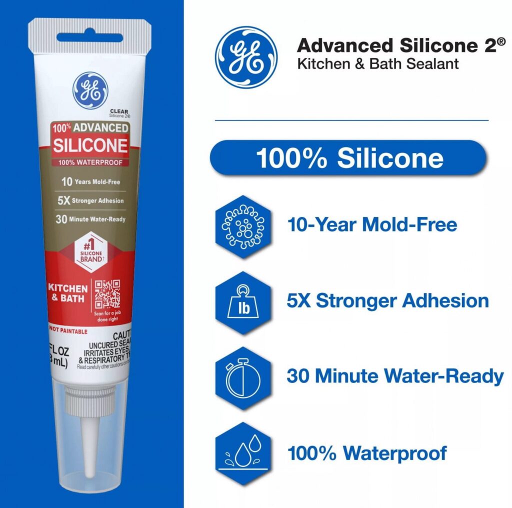 GE Advanced Silicone Kitchen & Bath Sealant (White, 2.8 fl oz) btkt7