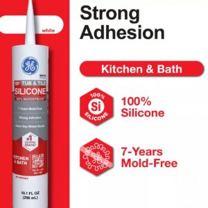 GE Silicone 1 Tub & Tile Sealant, Waterproof Adhesive for Kitchen and Bathroom (White, 10.1 fl oz) gt9ee