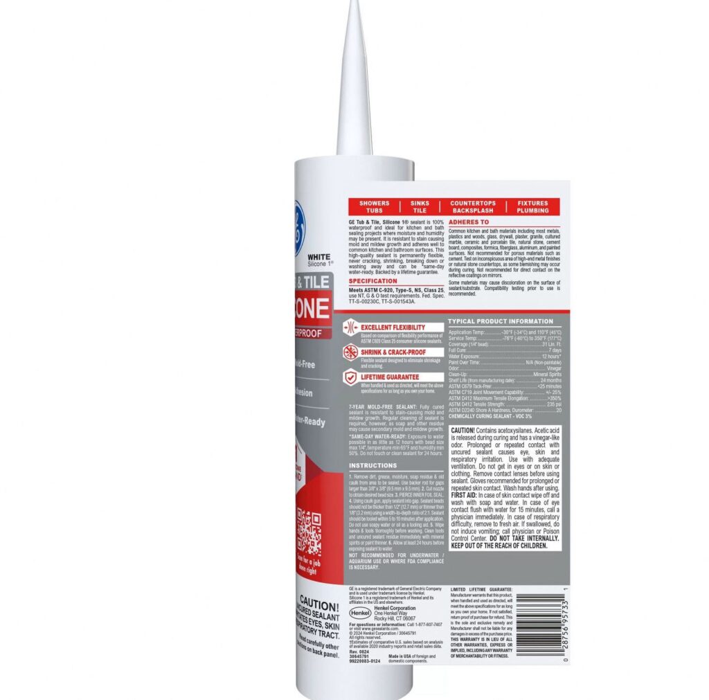 GE Silicone 1 Tub & Tile Sealant, Waterproof Adhesive for Kitchen and Bathroom (White, 10.1 fl oz) gt9ee