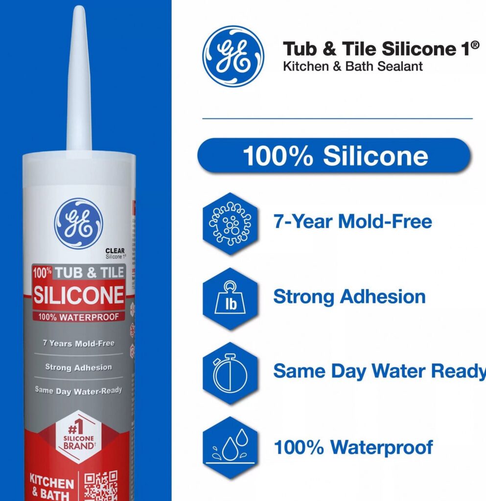 GE Silicone 1 Tub & Tile Sealant, Waterproof Adhesive for Kitchen and Bathroom (White, 10.1 fl oz) gt9ee