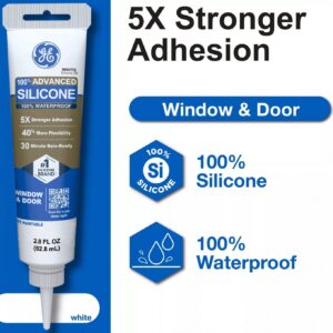 GE Advanced Silicone Window & Door Sealant, Weatherproof Adhesive for Home Repair (White, 2.8 fl oz) dvvg3