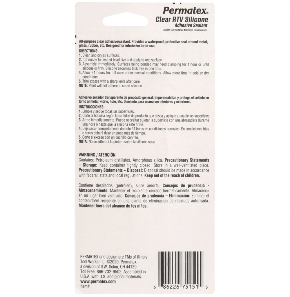 Permatex 75151 Clear RTV Silicone Adhesive Sealant (Clear, 3 oz) bwc4a