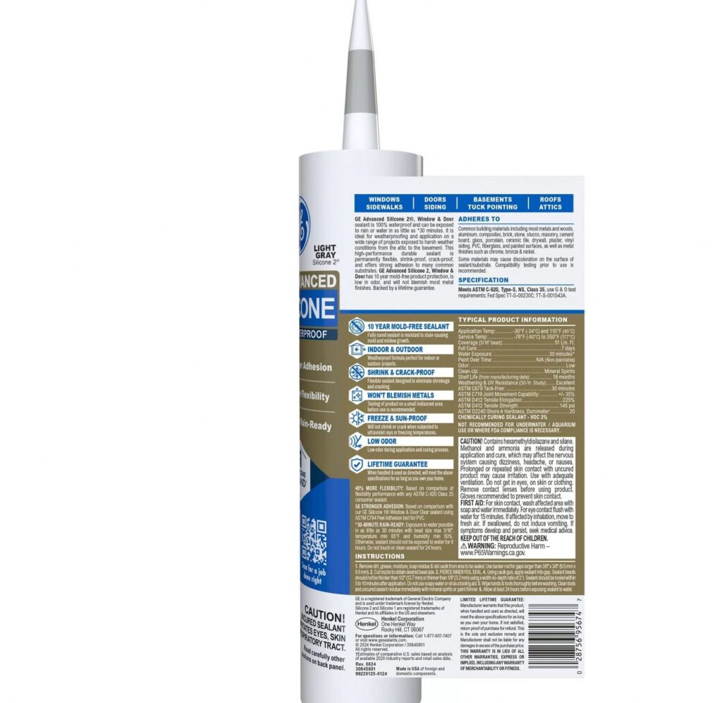 GE Advanced Silicone Window & Door Sealant, Waterproof Weatherproof Adhesive (Gray, 10.1 fl oz) uuqi4
