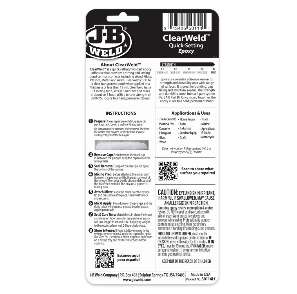 J-B Weld Clear Weld Epoxy Adhesive High-Strength Quick-Set Formula (Clear, 0.47 fl oz) m77vc