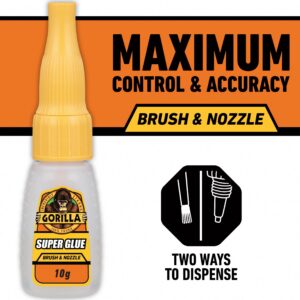 Gorilla Super Glue Brush & Nozzle, Impact Tough Adhesive for Plastic, Wood, Metal (Clear, 0.4 oz) 3ygcf