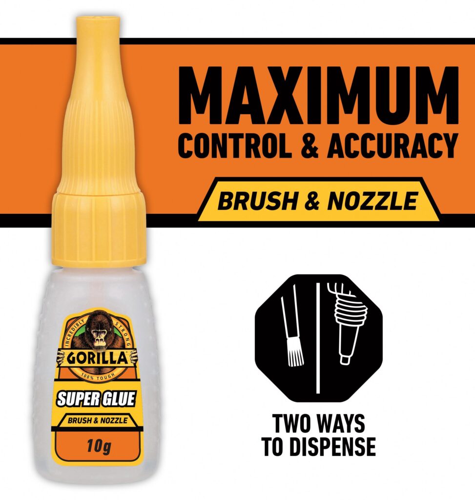 Gorilla Super Glue Brush & Nozzle, Impact Tough Adhesive for Plastic, Wood, Metal (Clear, 0.4 oz) 3ygcf