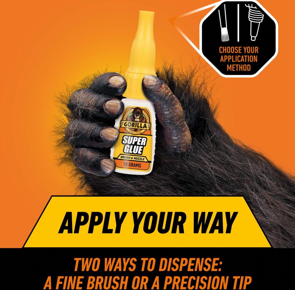 Gorilla Super Glue Brush & Nozzle, Impact Tough Adhesive for Plastic, Wood, Metal (Clear, 0.4 oz) 3ygcf