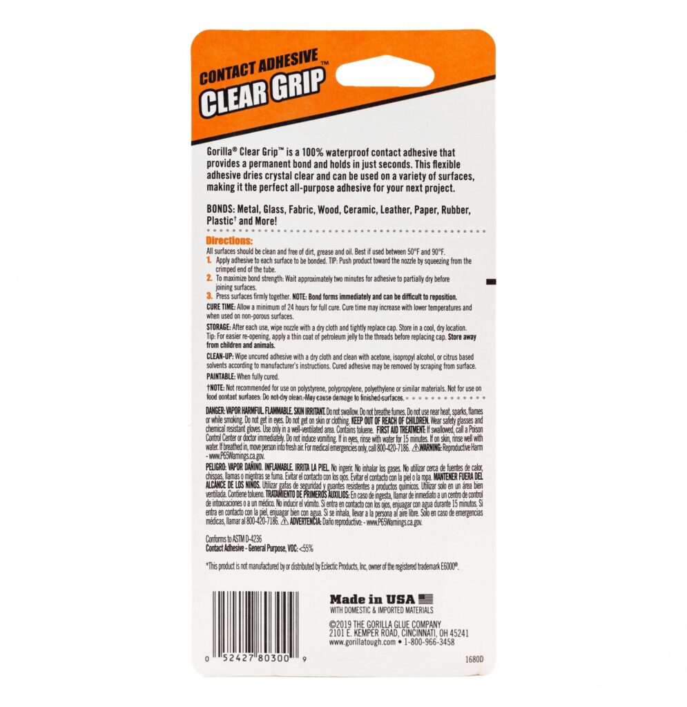 Gorilla Clear Grip Contact Adhesive, Heavy Duty Permanent Bond (Clear, 3 oz) uhhk7
