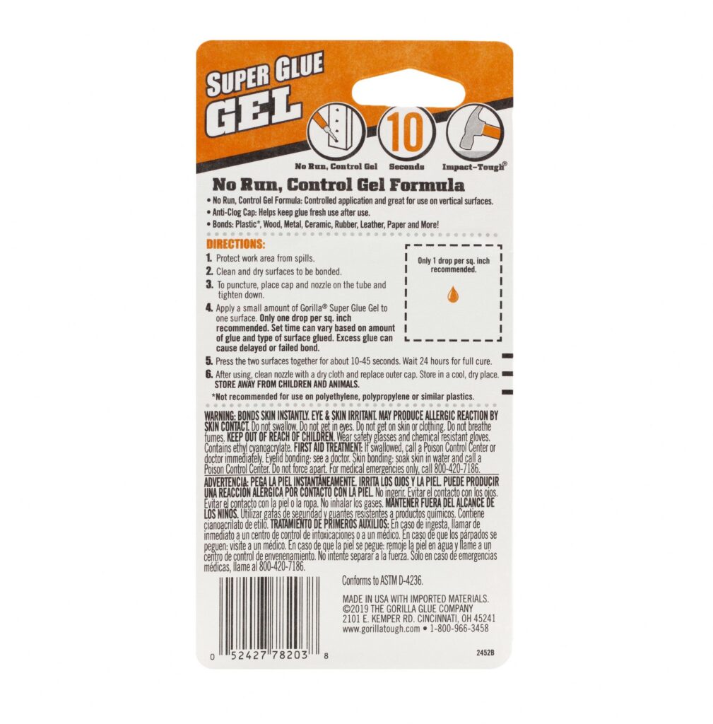 Gorilla Clear Super Glue Gel, Impact Resistant Adhesive for Multi-Surface Repair (0.1 oz, 2 Count) 778pi