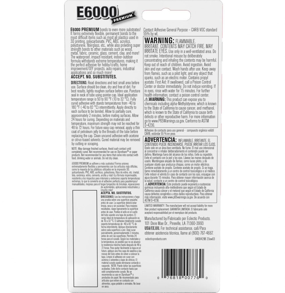 Eclectic E6000 Industrial Strength Contact Adhesive, Permanent Flexible Bond (Clear, 3 fl oz) 62gbs