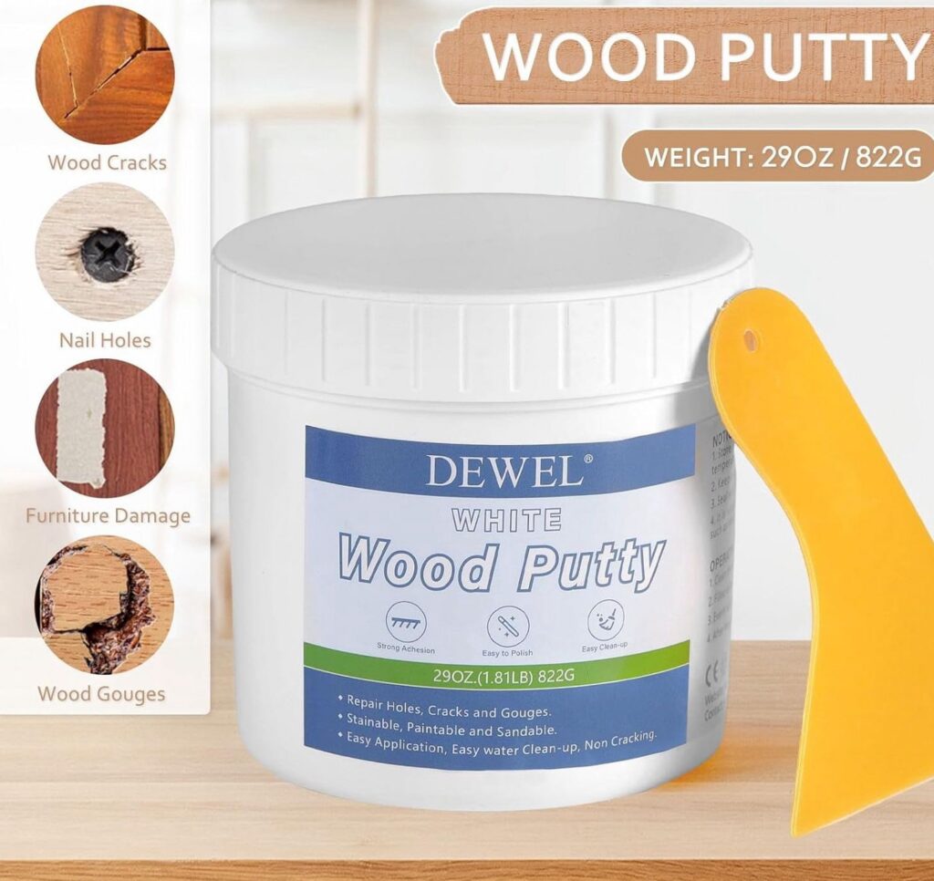 DEWEL Wood Filler Putty, Paintable and Stainable Repair Compound for Furniture Cracks and Holes (White, 29 oz) hb57k