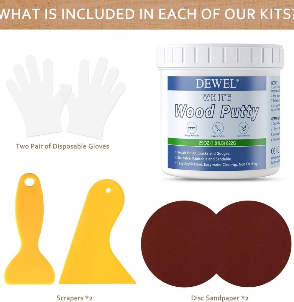 DEWEL Wood Filler Putty, Paintable and Stainable Repair Compound for Furniture Cracks and Holes (White, 29 oz) hb57k