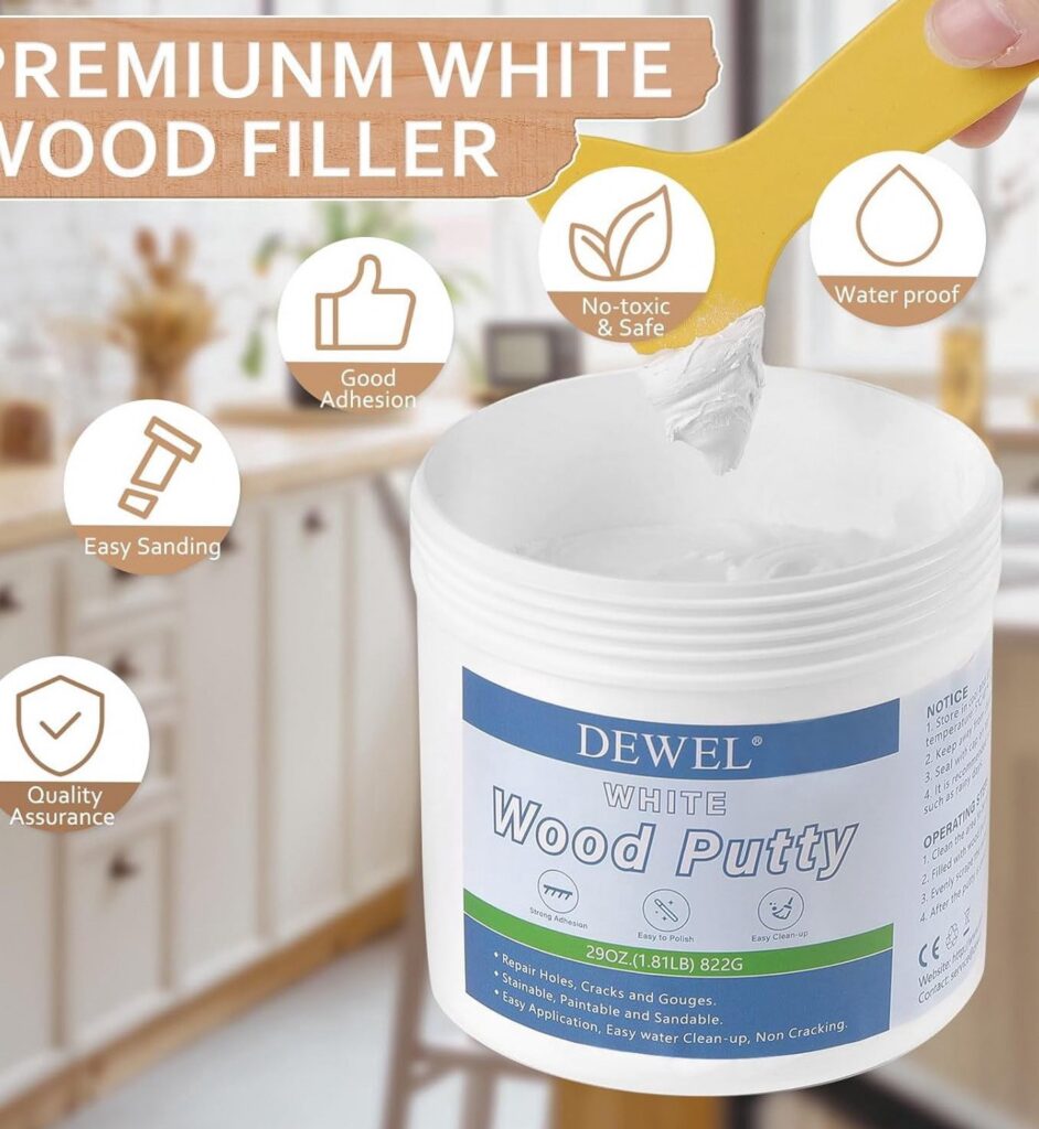 DEWEL Wood Filler Putty, Paintable and Stainable Repair Compound for Furniture Cracks and Holes (White, 29 oz) hb57k