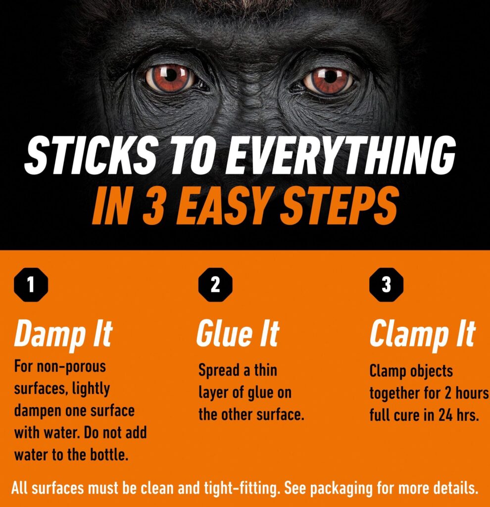 Gorilla Original Polyurethane Glue, Heavy-Duty Waterproof Adhesive for Wood, Metal, and Stone (Brown, 4 oz) dwanm